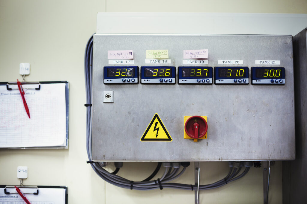 Fusebox on a wall in a brewery.